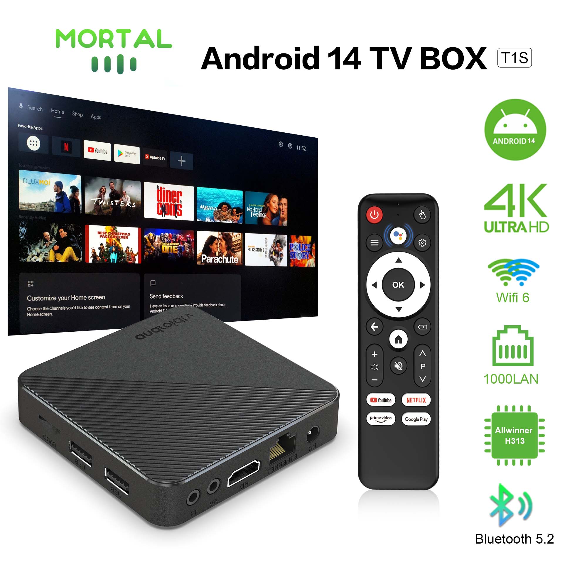 Video Home Cinema - Android14 Smart Heimkino-TV-Box T1S AllwinnerH313 Chip